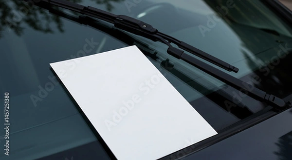 Obraz Blank white paper mockup on car windshield. Parking violation notice on car windshield blank paper fine ticket legal document auto
