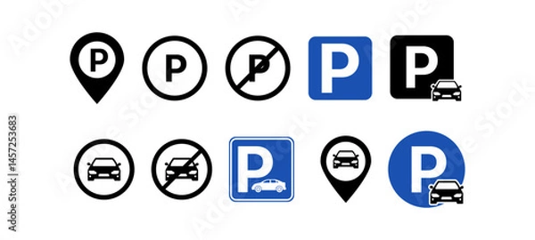Obraz Vector icon set of car parking symbols, including parking spots, signs, and vehicles. Ideal for maps, apps, navigation, transport UI, and urban planning visuals. Transparent background.