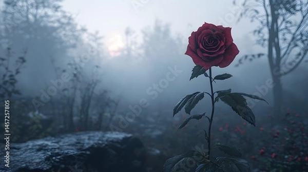 Fototapeta Solitary Rose in Fog: A single, vibrant red rose stands tall amidst a misty forest landscape, its beauty enhanced by the ethereal atmosphere. The rising sun peeks through the fog.