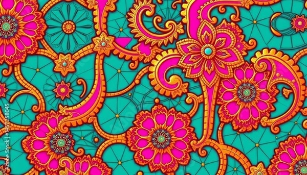 Fototapeta Intricate geometric patterns interwoven with biomorphic forms in bold teal, fuchsia, and gold hues, geometric, artwork