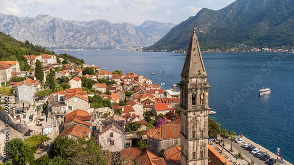 Fototapeta Aerial view of Perast city on a sunny day. Old venetian tourist town located in the Adriatic Sea coast in the Bay of Kotor, Montenegro