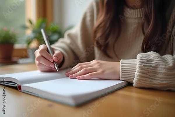 Obraz A Hand Writing in a Diary, Softly Blurred Background of a Cozy Home Office