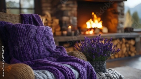 Fototapeta A comfortable scene with a purple throw on a chair, cozying up by a fireplace, with lavender.