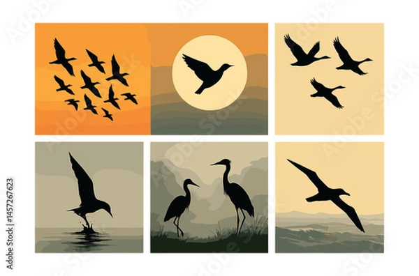 Fototapeta Minimalist bird silhouette icons set – flock, sunset, heron, flight, nature. Vector icons set
