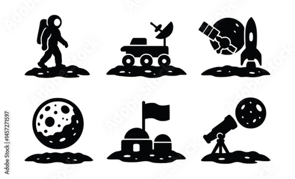 Fototapeta Moon exploration icons set – astronaut, rover, telescope, rocket, satellite, flag. Vector icons set