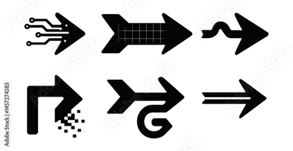 Fototapeta Futuristic tech arrows icons set – circuit, grid, curve, digital, directional. Vector icons set