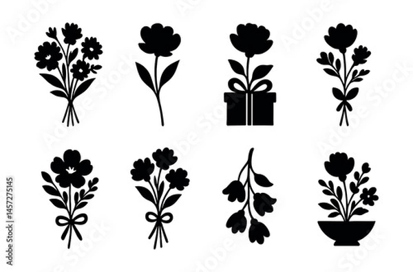 Fototapeta Elegant floral silhouette icons set – bouquet, gift, vase, arrangement, petals, blossoms. Vector icons set