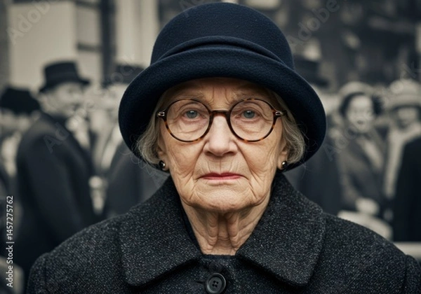 Fototapeta An old woman with glasses and hat in a classic style portrait, with a blurred crowd behind.