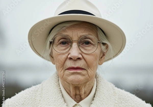 Fototapeta An elegant older woman with glasses and a stylish hat, captured in a close-up portrait.