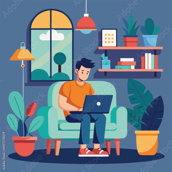 Obraz Vector Art Depicting a Modern Home Workspace with a Comfortable Green Armchair and Stylish Interior Elements
