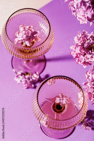 Fototapeta Overhead shot of champagne glasses decorated with lilac blossoms and surrounded by bouquet on purple surface