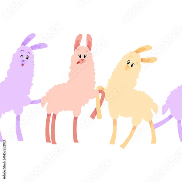 Fototapeta Seamless border of pastel adorable smiling llamas