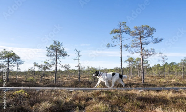 Fototapeta Seli Bog, Estonia - May 04 2025: Happy Landseer Dogs Enjoying a Bog walk at Seli Mire. Spring Morning in Scenic Wetland with Peat Moss, Swamp Grass, and Reflections in bog pool.
