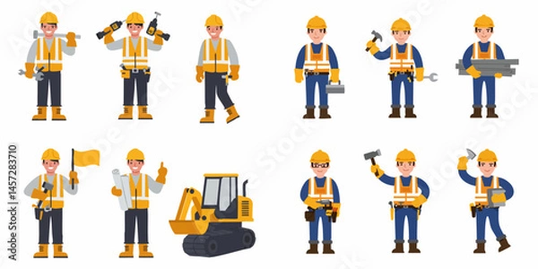 Fototapeta Flat Simple Minimalist Construction Worker Builder Vector Set on White Background

