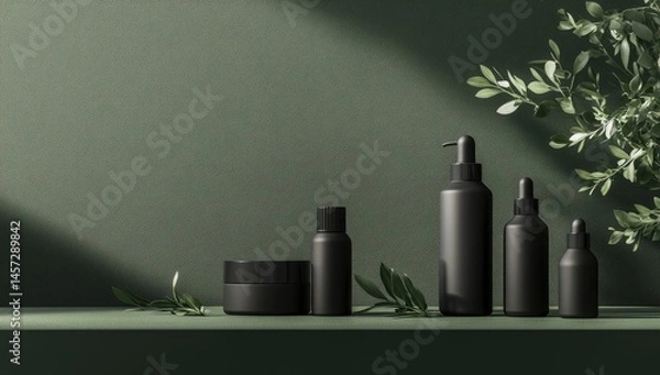 Fototapeta Dark cosmetic bottles and jar on a shelf,  with greenery