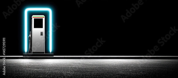 Obraz Single fuel pump under neon lights on dark highway at night with empty space for text or design