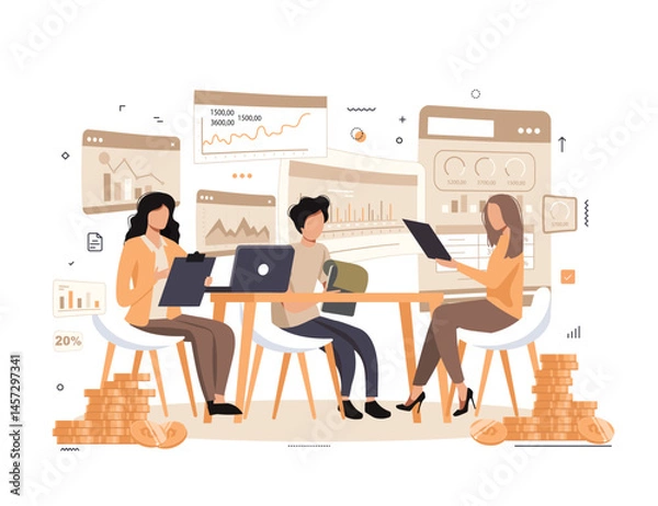 Fototapeta Business Teamwork Concept. Vector illustration in flat style of different people performing various work tasks. Isolated on background