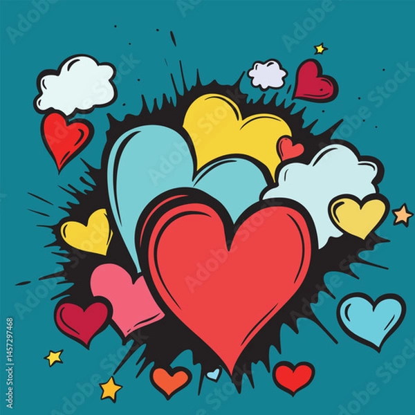 Obraz Graphic vector poster. Square blue background and bright stylized hearts. The poster is suitable for decorating your Valentine's Day project.