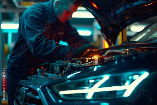 Obraz A technician is performing a diagnostic test on cars electronics