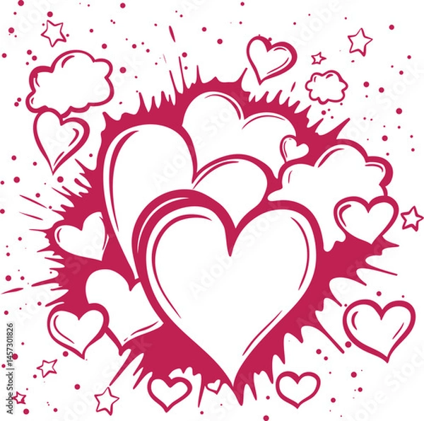 Obraz Graphic vector poster. Square illustration and bright stylized hearts in red. The poster is suitable for decorating your Valentine's Day project.