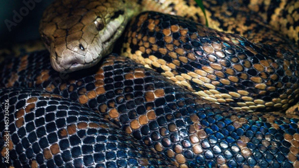 Fototapeta A macro shot of a snake, a madagascan tree boa, coiled, curled up and fast asleep. This dangerous constrictor reptile forms part of the tropical trails exhibits in Folly Farm Zoo, Pembrokeshire, Wales
