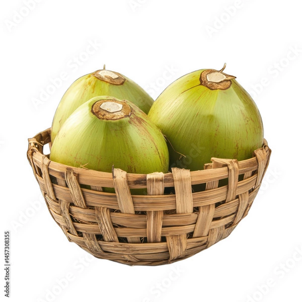 Obraz Fresh Green Coconuts in Rustic Bamboo Basket isolated on transparent background