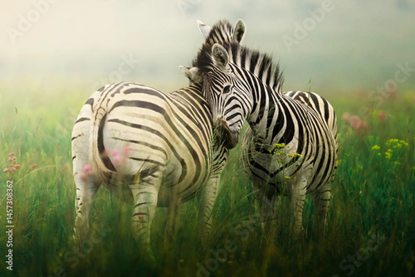 Fototapeta Two zebras stand side by side in a misty field, their striking black-and-white stripes contrast beautifully against the soft bokeh of the natural surroundings; sharp focus highlights their connection 