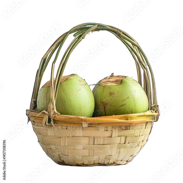 Obraz Fresh Green Coconuts in Rustic Bamboo Basket isolated on transparent background