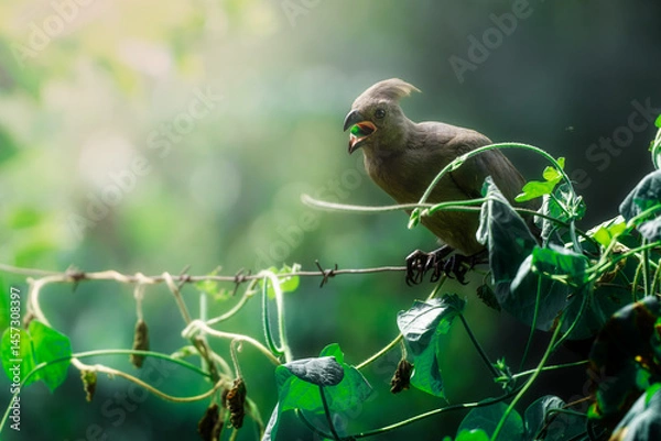 Fototapeta A vibrant Go-Away Bird stands out in its natural habitat, showcasing its bold plumage and distinctive features; sharp focus highlights its intricate details against the soft bokeh of the background.