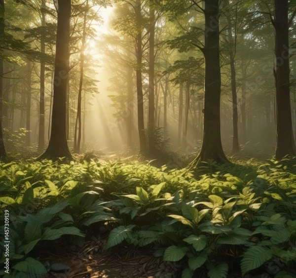 Fototapeta Golden sunlight filters through dense, green leaves, illuminating the forest floor ,  summer,  shade,  foliage