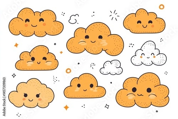 Fototapeta Collection of cartoonish, smiling, orange fluffy cloud illustrations