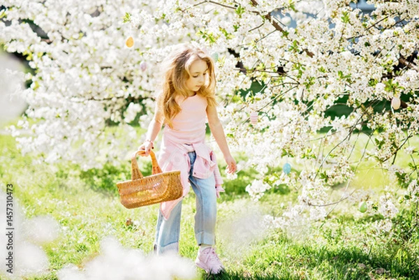 Fototapeta Easter egg hunt. Girl child Wearing Bunny Ears Running To Pick Up Egg In Garden. Easter tradition. Baby with basket full of colorful eggs.