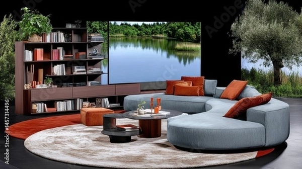 Fototapeta Modern living room setup featuring a curved sofa, coffee table, and scenic backdrop