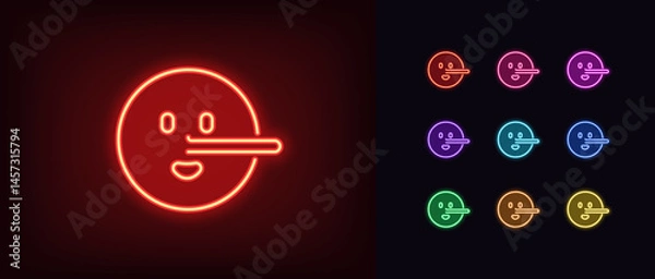 Obraz Outline neon liar emoji icon. Glowing neon lie emoticon with long nose, deceiver emoji. Liar face with big nose, say untruth, deceiver emoticon, fake truth and deception, tell false. Vector icon set