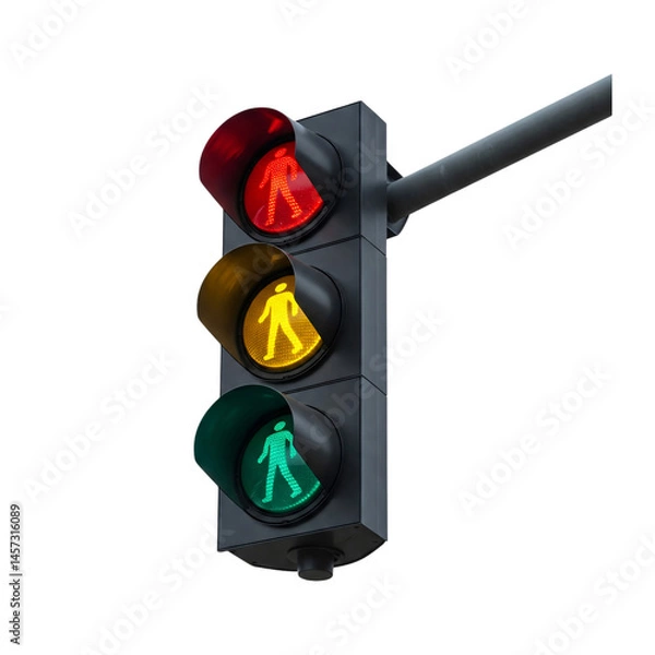 Fototapeta Modern traffic light tilted to show red, yellow, and green lights in sleek dark housing perfect for urban themes, safety concepts, or tech designs. Isolated on white png file