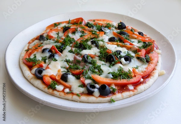 Obraz round pizza with olives, pepper, mozzarella, dill and pork on a round plate, side view