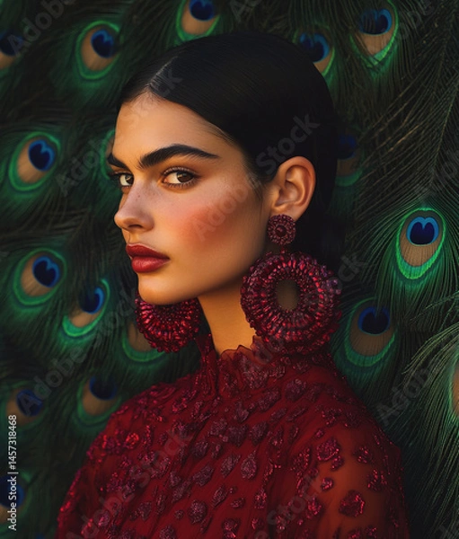 Obraz Woman wearing red dress and earrings, peacock feathers on background