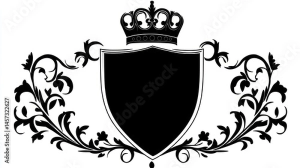Fototapeta Black shield emblem with decorative flourishes and a crown on a white background