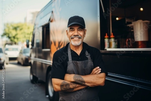 Obraz portrait of a confident Hispanic middle age chef with standing by food truck on street