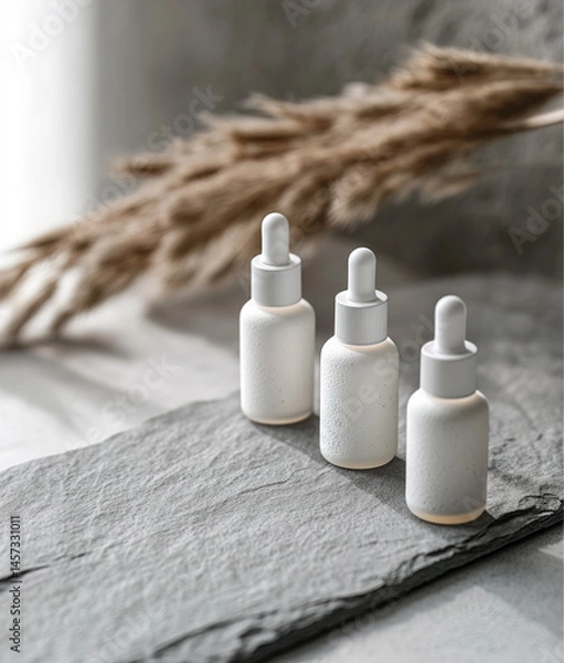 Obraz Three white cosmetic dropper bottles casting shadows on gray surface