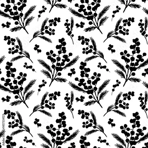 Obraz Seamless outline pattern with mimosa. Elegant contrasting pattern with sulfur branches and inflorescences in silhouette style on a white background, ideal for textiles and packaging.