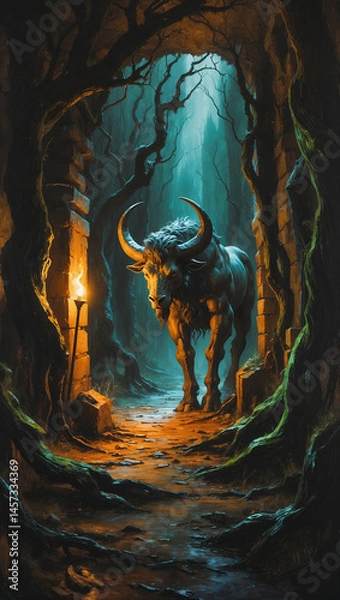 Fototapeta Minotaur emerging from a dark labyrinth with mystical lighting and eerie atmosphere