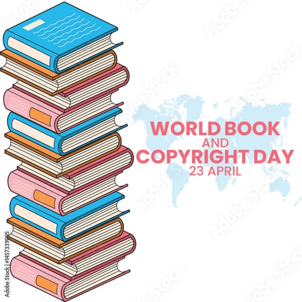 Fototapeta World book day illustration with books and objects related to reading. World book day banner illustration. Creative World book day poster.