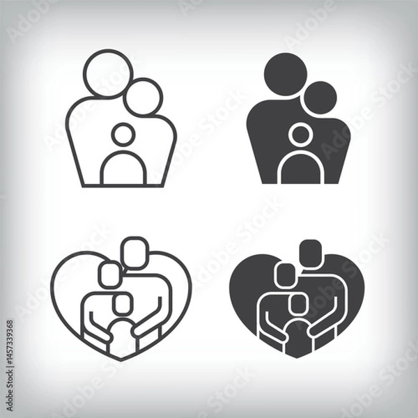Fototapeta Family portrait and family inside heart artistic design. Simple linear and flat artistic family icon set.