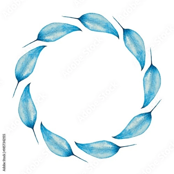 Fototapeta Watercolor wreath frame of blue leaves, arranged in a circle on a white background. Perfect for text or card design.