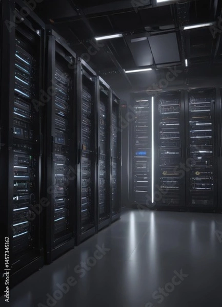 Fototapeta Gleaming server racks illuminate a high-tech server room , equipment, clean, data storage