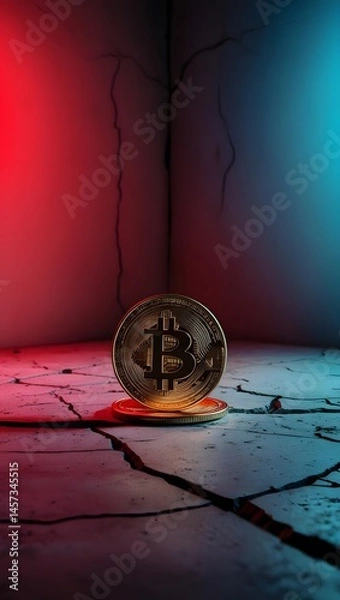 Fototapeta Bitcoin coin placed on a cracked concrete surface with moody red-blue gradient lighting from opposite directions. Symbolizing market tension and volatility3