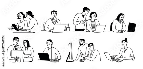 Obraz People use devices, work on laptop, computer and monitor, businessmen discuss project. Vector set isolated doodle illustration