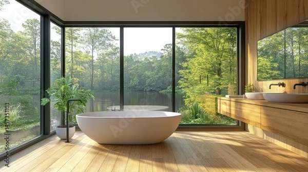 Fototapeta Modern bathroom with serene forest view