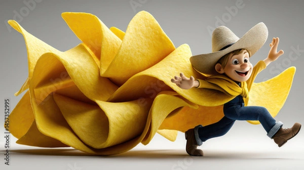 Fototapeta Cheerful animated character wearing sombrero and yellow poncho is joyfully running, with large, flowing tortilla behind him, creating fun and lively scene